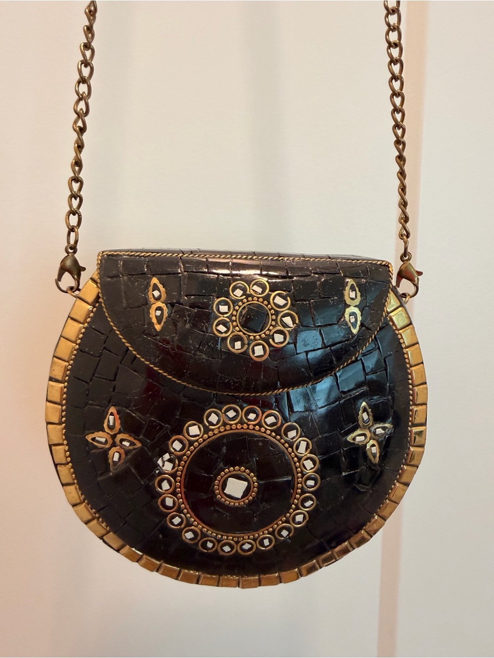 Antik Kraft Black and Gold Round Embellished Crossbody Bag